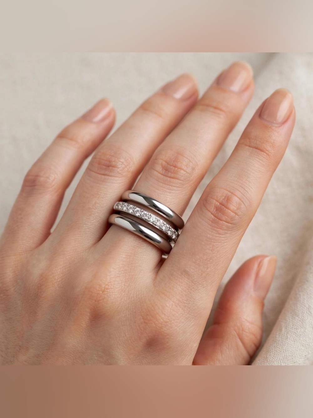 Silver Trio Stacking Rings With Pave Band